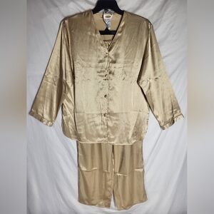 Talbots VTG Satin Sleep Set Long Sleeve Button Up Gold Pajama Set Medium